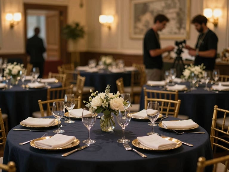 Elegant indoor event setup with warm ambient lighting, gold accents on tables, professional production, shallow depth of field, 35mm