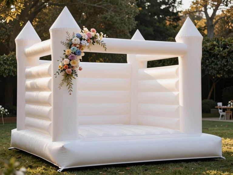 A clean, minimalist white inflatable castle styled with pastel flower garlands at a high-end outdoor garden party, warm sunlight, 35mm
