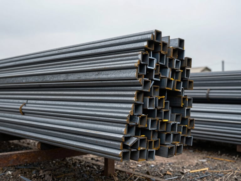 Low-angle heroic shot of bundled cross-ribbed TMT steel bars stacked in an industrial yard under cool overcast daylight, sharp steel textures