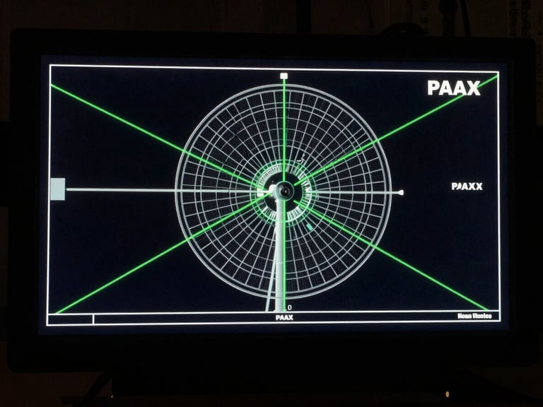 Overhead technical schematic of PAAX data flow, with radar green lines highlighting real-time telemetry, against a dark background.