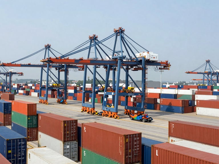 Wide-angle environmental shot of a container terminal at a North American port, heavy logistics machinery moving containers, natural daylight, cool steel and cargo orange tones, sharp focus, 35mm