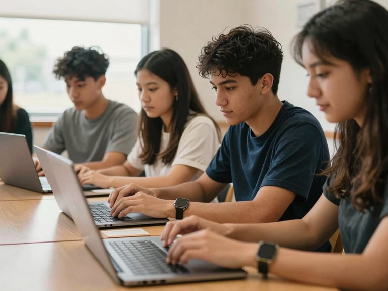 A warm editorial photograph of high school students in Fort Wayne collaborating over laptops in a bright classroom, natural Midwestern daylight, shallow depth of field, 35mm.