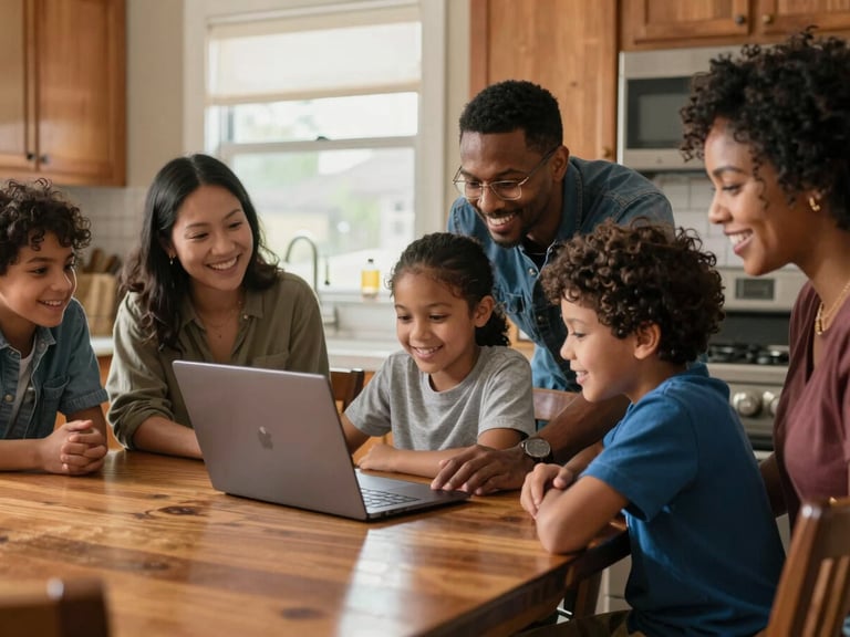 A warm editorial photograph of a diverse family in Fort Wayne sitting around a kitchen table, smiling as a volunteer guides a young student on a newly refurbished laptop under soft window light.