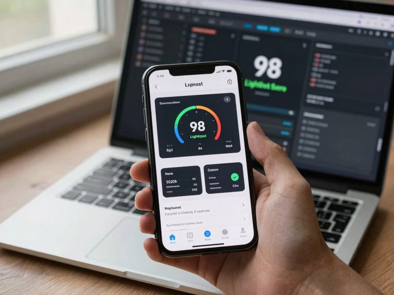 Smartphone held in hand displaying a fast-loading dashboard interface — performance metrics panel visible on screen, browser dev-tools open on a laptop in the background showing a 98 Lighthouse score. Cool daylight from a window, no warm tones, documentation-style framing.