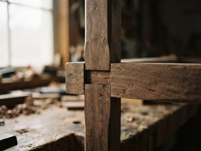 macro detail of a hand-carved mortise and tenon joint in aged walnut wood, soft north-facing workshop window light casting gentle shadows, shallow depth of field, 35mm photography