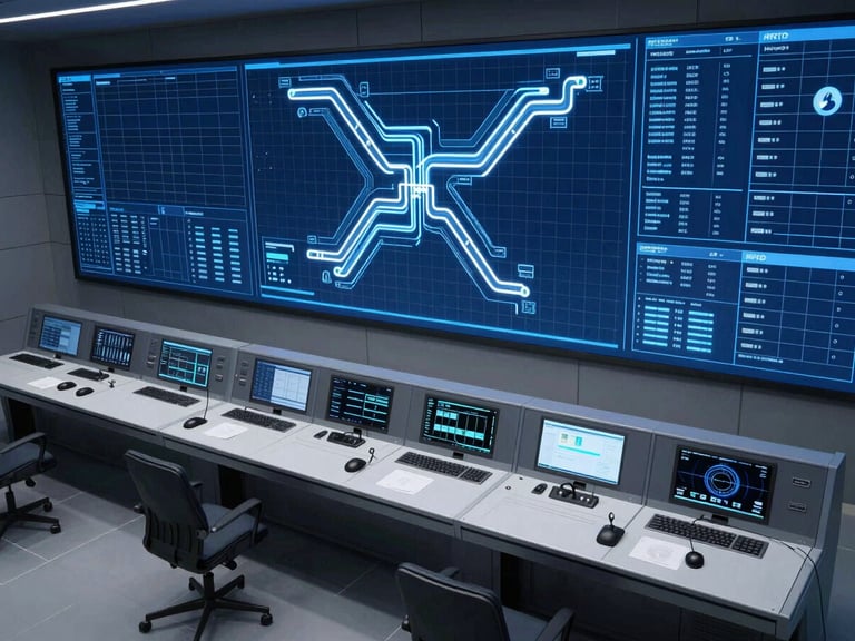 A sleek digital control room with glowing route maps on screens, technical grid overlays, deep blue and cool steel gray tones