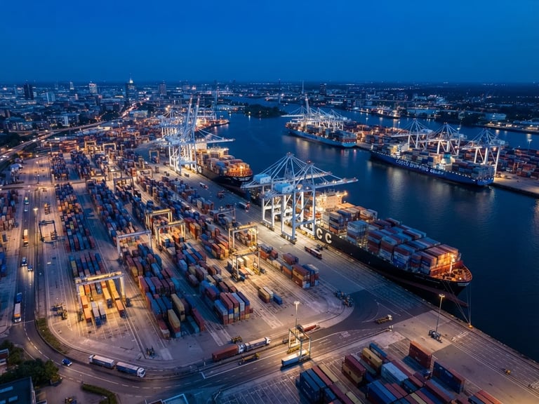 Professional industrial photography of a modern logistics port at blue hour, cargo ships and organized steel containers, sharp daylight tones, wide-angle aerial shot