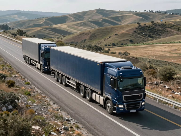 A modern commercial truck fleet driving on a scenic highway through rolling hills under bright daylight, crisp focus, professional industrial photography