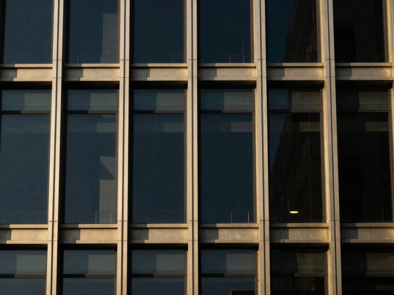 Abstract architectural detail of a glass and steel building, high-contrast, sharp lines, metallic gold reflections, off-center