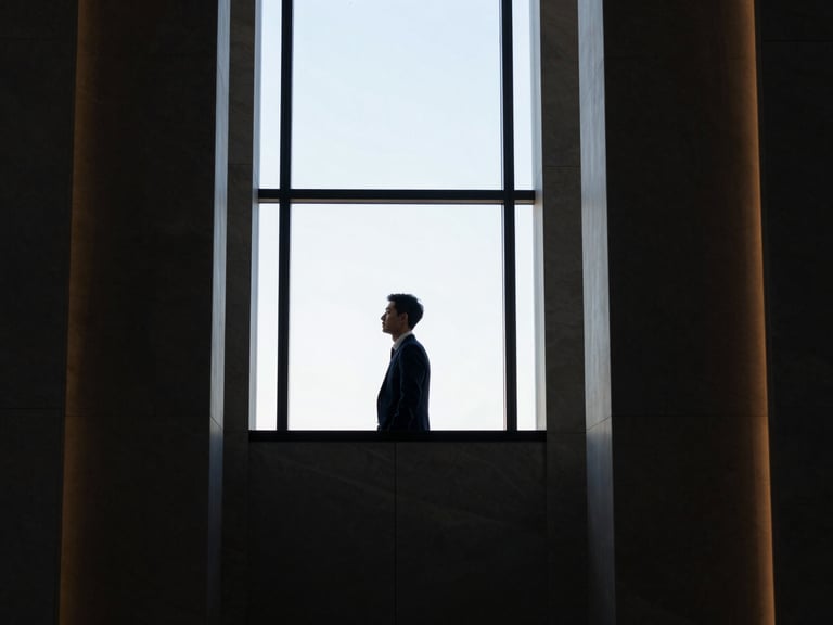 Focused executive in a modern, high-rise office, looking out a window, sharp natural light, architectural framing, off-center