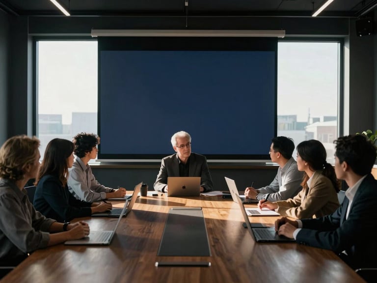 Collaborative boardroom setting, diverse team focused on a projection, sharp natural light, deep shadows, cinematic wide angle