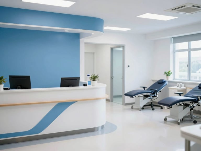 Clean, modern commercial clinic interior with a bright reception area and examination rooms, well-lit indoor space, clean blue and white tones, sharp focus, 35mm