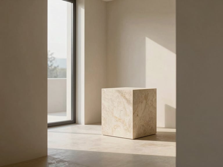 A minimalist architectural space filled with soft morning daylight, clean lines, textured stone pedestal in the background, warm alabaster tones.