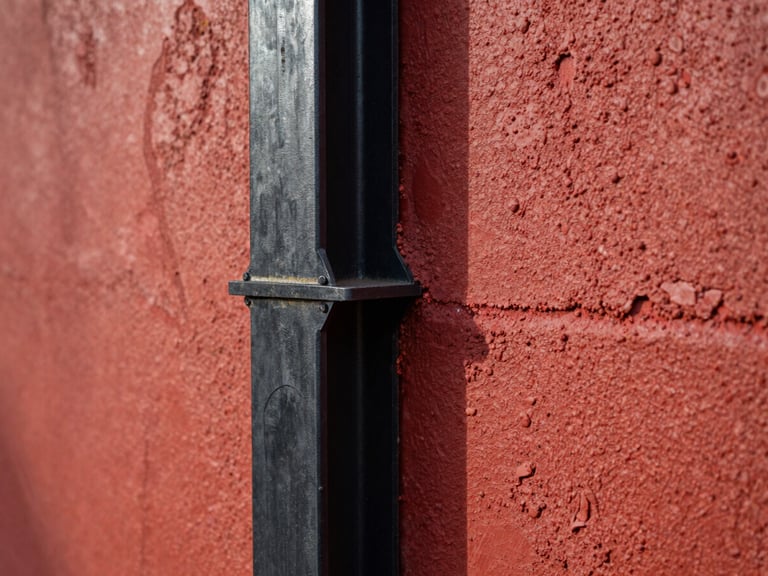 Primer plano de la intersección entre una viga de acero estructural negra y un muro de tabique rojo artesanal. Luz solar rasante destaca las texturas rugosas y las juntas de mortero.