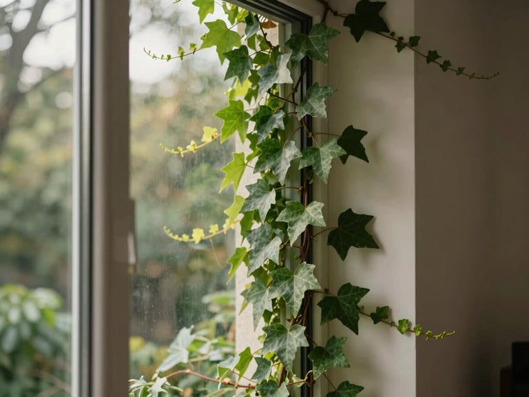 Detail of modern interior window frame with lush green climbing ivy growing inward, soft morning light, 35mm