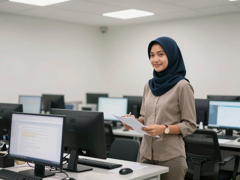 An Indonesian student confidently presenting her business plan in a bright, modern computer lab with clean indoor lighting