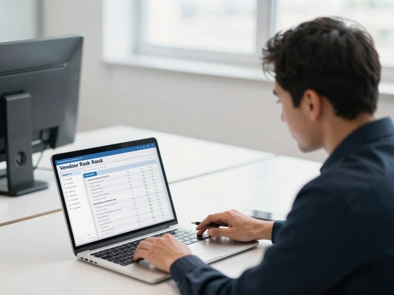 Two professionals reviewing a vendor risk dashboard on a laptop, clean desk, collaborative environment, soft lighting