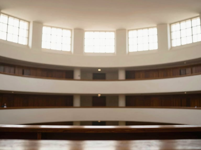 Wide angle architectural photograph of the Mexican legislative palace chamber, warm natural light streaming through high windows, clean modern lines, soft depth of field, 35mm