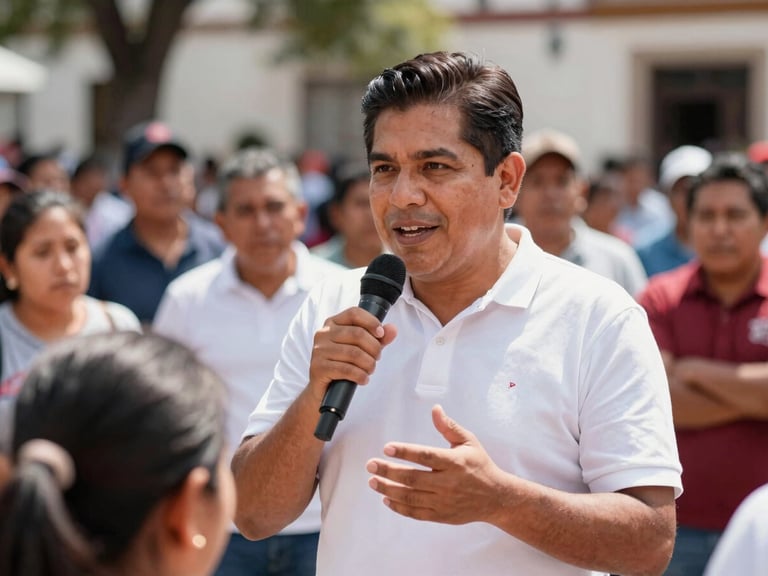 A deputy speaking warmly with a group of citizens in a sunlit public square in Mexico, natural daylight, candid moment, soft background blur