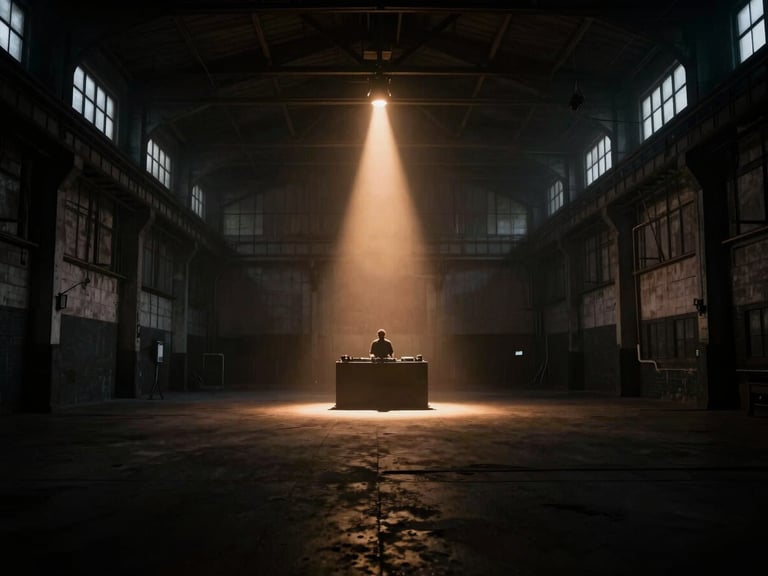 Wide-angle cinematic shot of a dark industrial warehouse in Amsterdam, single amber light beam cutting through heavy haze, silhouette of a DJ booth in the distance.