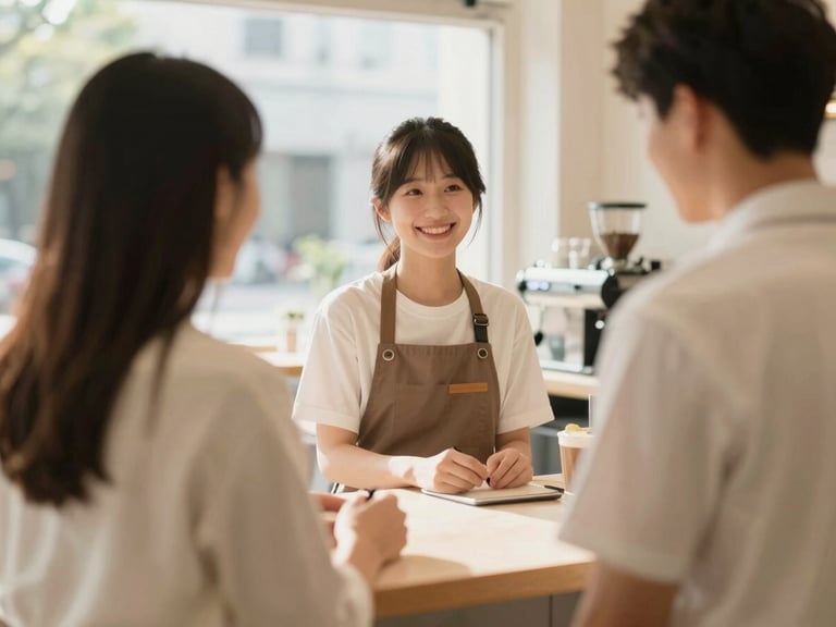Friendly interaction at a cafe counter, barista smiling, natural light, warm tones, shallow depth of field, 35mm