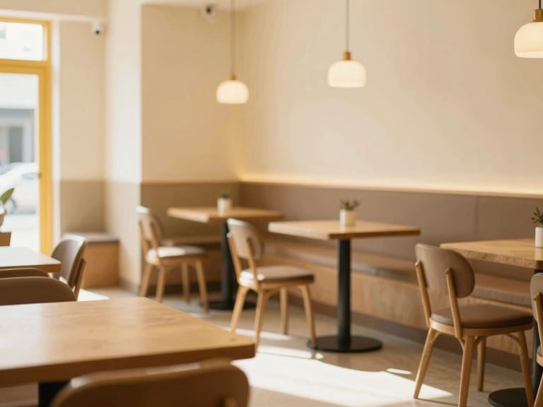 Wide shot of a comfortable cafe interior, warm cream and coffee brown tones, soft yellow accents, natural light, cozy seating, shallow depth of field, 35mm