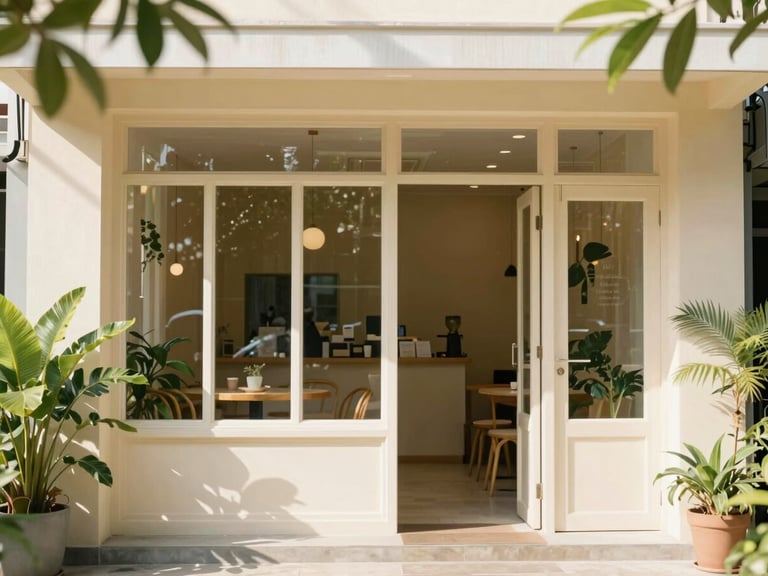 Exterior shot of a charming cafe entrance in Kampung Baru, Ampang, with lush greenery, bright natural daylight, warm tones, shallow depth of field, 35mm