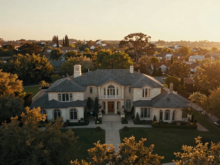 Cinematic drone wide shot of an expansive outdoor estate at golden hour, warm natural light, rich editorial tones.