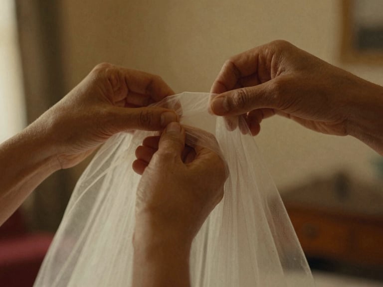 Intimate close-up of hands adjusting a veil, soft ambient room lighting, 35mm film grain, warm cinematic tones.