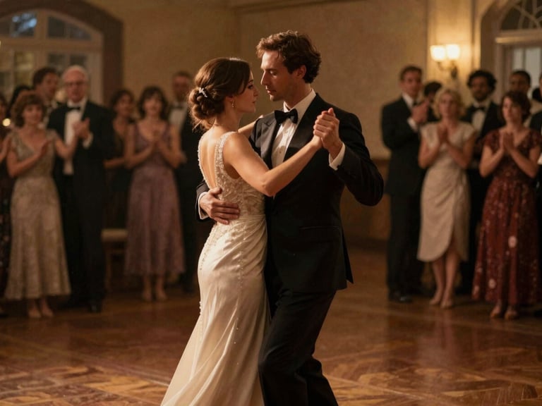 Cinematic medium-wide of a first dance, warm ambient lighting, rich editorial tones, shallow depth of field.