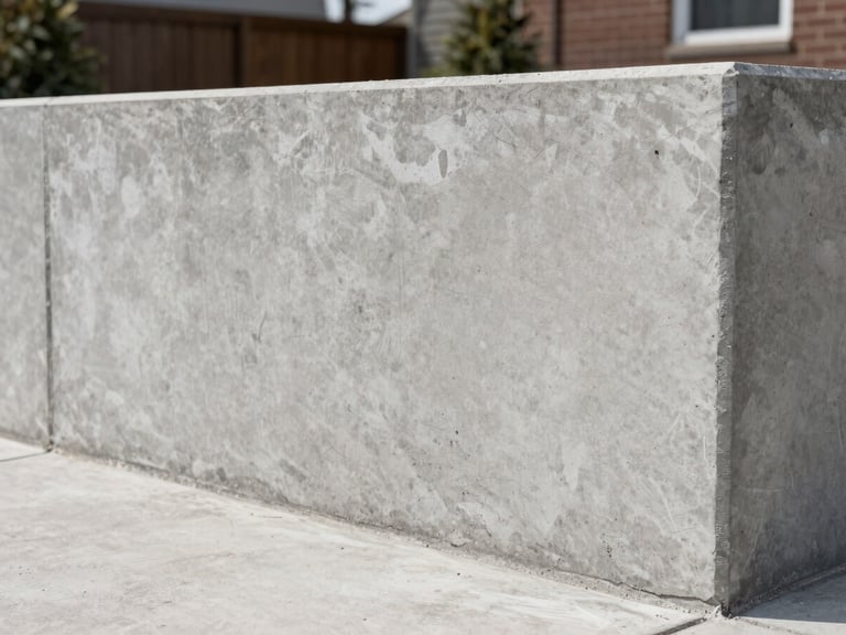 Wide shot of a finished concrete retaining wall in a Louisville backyard, clean straight top edge, smooth face finish, natural daylight showing texture and solid construction, no people