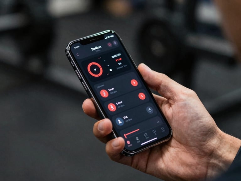 High-contrast close-up of a hand holding a smartphone displaying a dark-themed fitness tracking interface with red metrics, dark atmospheric gym background