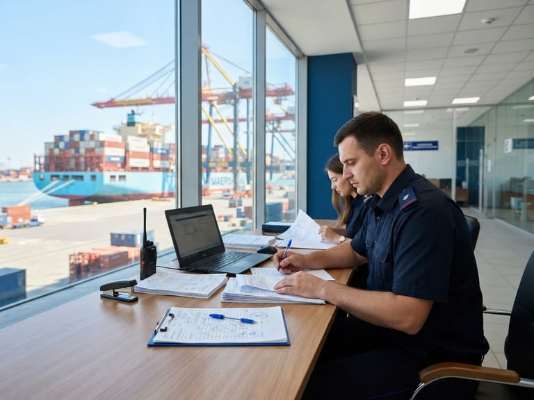 Wide-angle crisp commercial photograph of a modern customs terminal, cargo documents on a clean desk with a blurred container ship visible through a large window, bright daylight, blue and red subtle tones, sharp focus.
