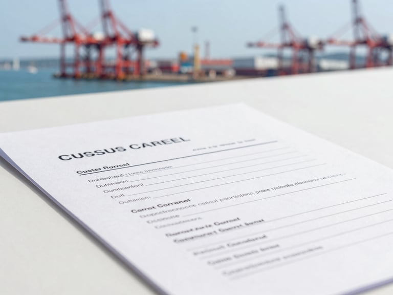 Close-up of professional customs clearance documents on a clean desk, with a soft-focus background of port terminals.