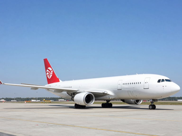 Modern cargo plane on a bright airport tarmac during daytime, clean blue sky, sharp focus.