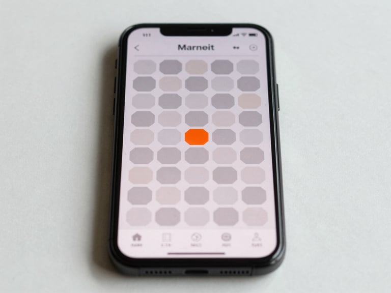 Close-up of an Android phone showing a minimalist strategy game board, clean grid or hex layout in muted tones, single bold accent move highlighted, neutral daylight, phone centered on bare pale surface