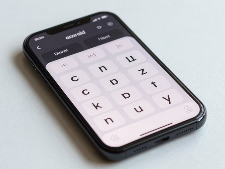 Overhead close-up of an Android phone screen showing a minimalist word or logic game in progress, clean dark UI with sparse typography, bright daylight from above, phone resting on empty pale desk