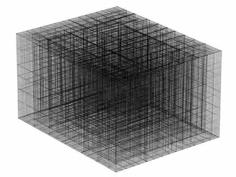 Orthographic wireframe model of a predictive data array, high-contrast monochrome, sharp line art, digital blueprint aesthetic.