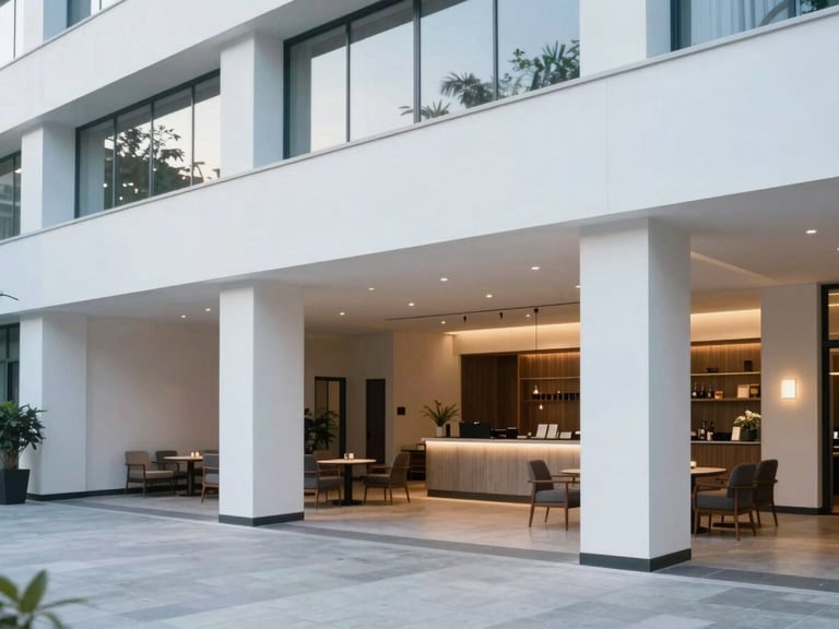 Bespoke modern hotel lobby with clean architectural lines, welcoming atmosphere, natural soft lighting, premium travel feel.