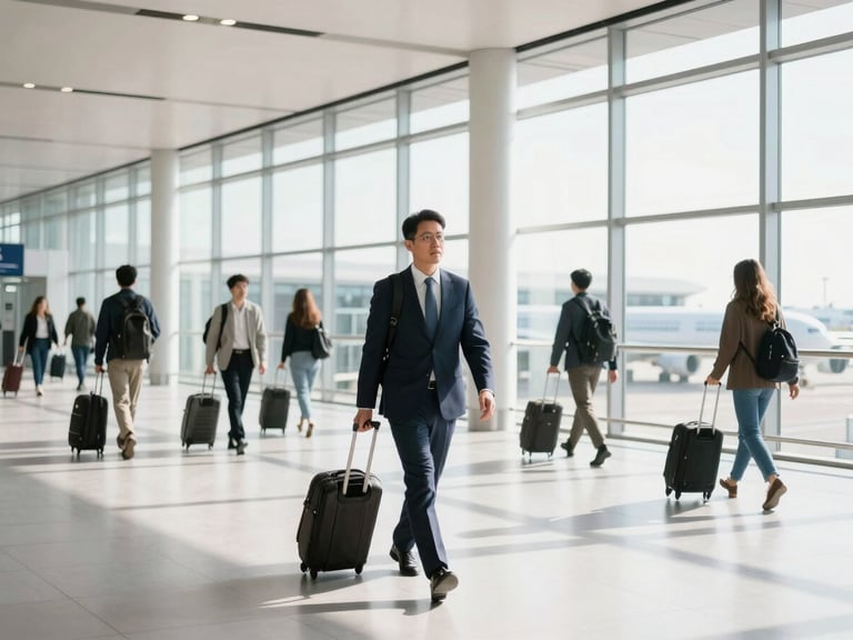 Modern airport terminal interior with bright natural daylight streaming through high windows, travelers walking with luggage, professional clean environment.