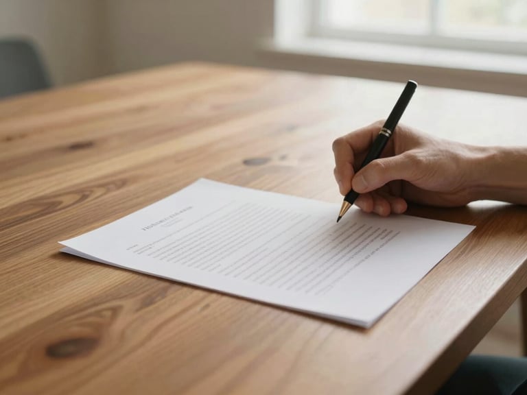 Close-up of hands signing documents on a warm-toned wooden table, soft natural daylight, shallow depth of field