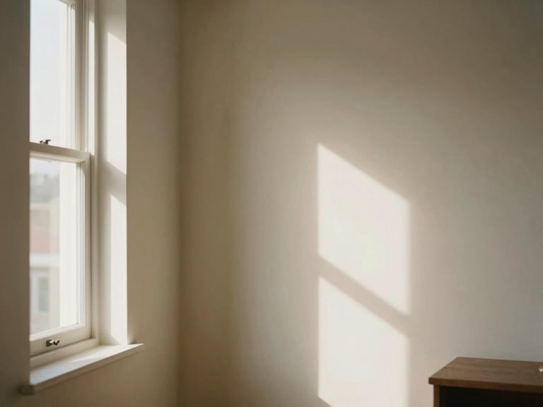 Soft-focus warm interior of a family home with sunlight streaming through a window, elegant minimalist decor