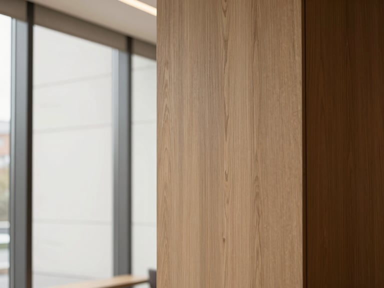 Architectural detail of a boutique modern office, clean lines, warm oak wood and soft neutral textures