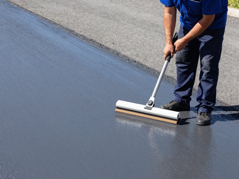 Medium shot of a uniformed operator using a specialized squeegee to apply a dark gray Slurry Seal coating evenly across a wide asphalt surface, with a freshly applied section visible. Bright direct sunlight, crisp details.