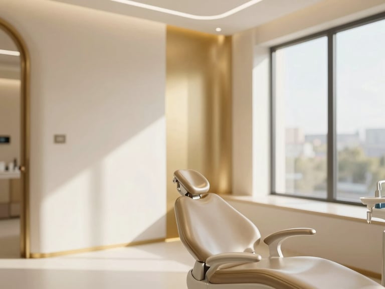 Sunlit architectural shot of a modern luxury dental clinic interior, soft alabaster and champagne gold tones, shallow depth of field, 35mm