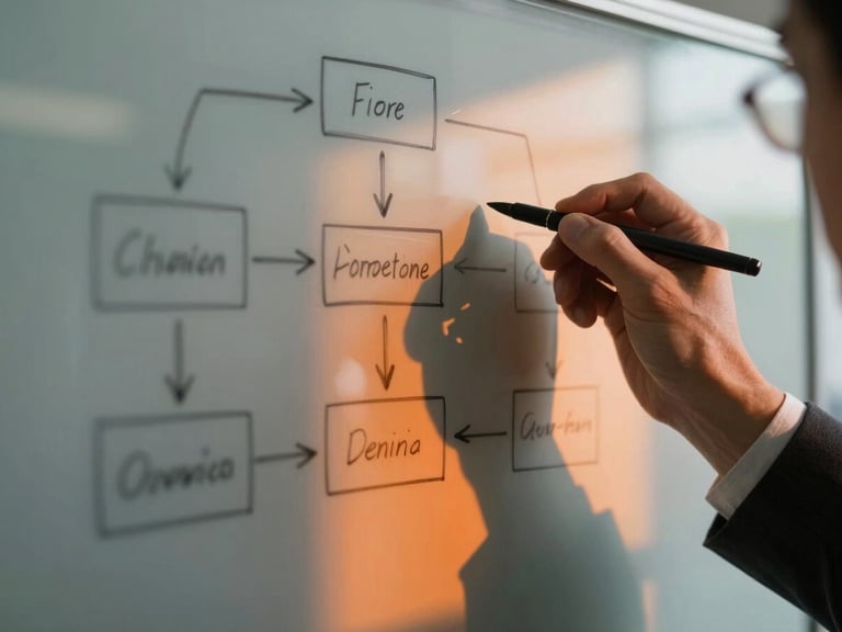 Cinematic macro shot of an executive's hands sketching a system flow on a glass whiteboard, sharp architectural shadows, warm orange accent lighting.