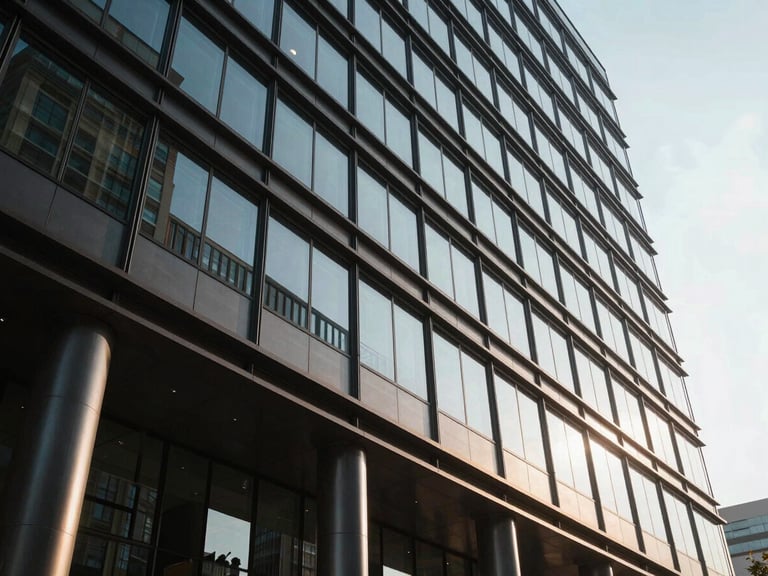 Low angle architectural perspective of a modern glass corporate headquarters, high-contrast natural light, sharp shadows.