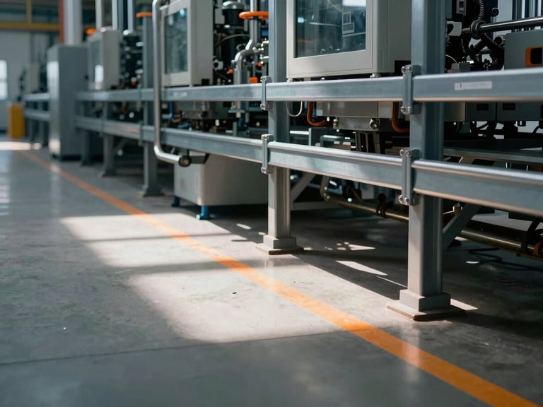 Wide environmental perspective of a modern automated manufacturing facility, dramatic architectural shadows, cool steel tones with safety-orange warning lines