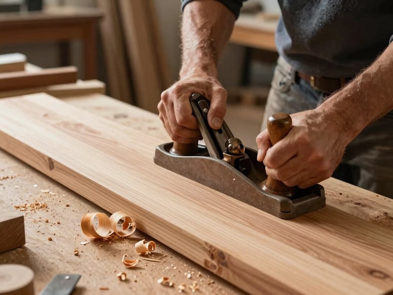 A craftsman using a traditional hand plane on a long cherry wood plank in a sunlit workshop, wood shavings curling off the surface.