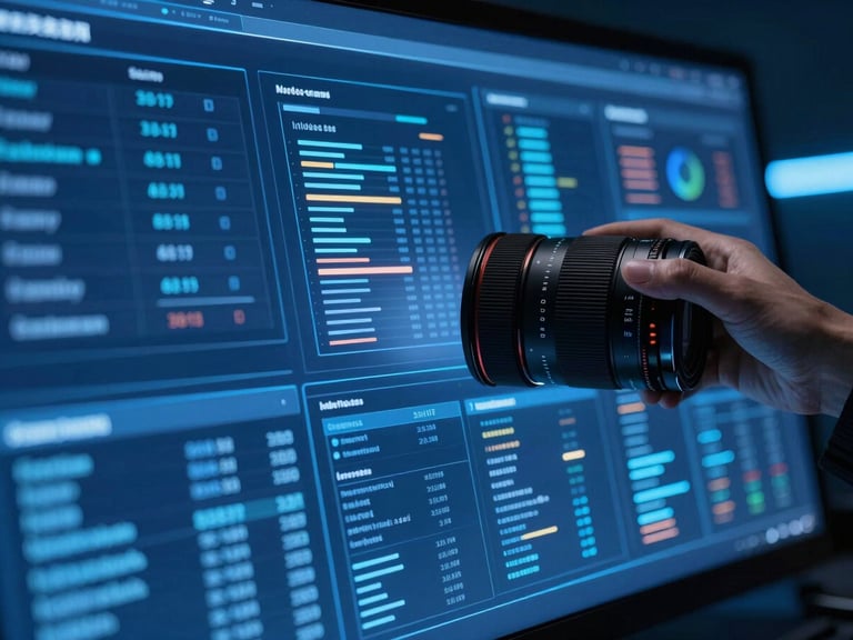 Sleek corporate technology photography, close-up of developer analyzing complex data visualization on a glowing electric blue screen, cool tone, high-contrast studio lighting, 35mm lens